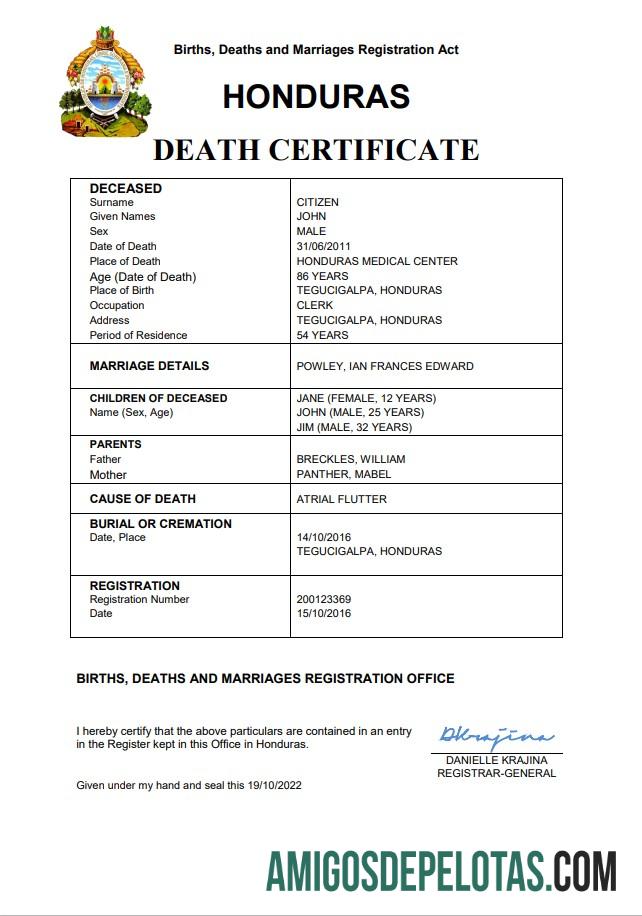 Para baixar modelo Word e PDF de certidão de óbito de registro vital de Honduras